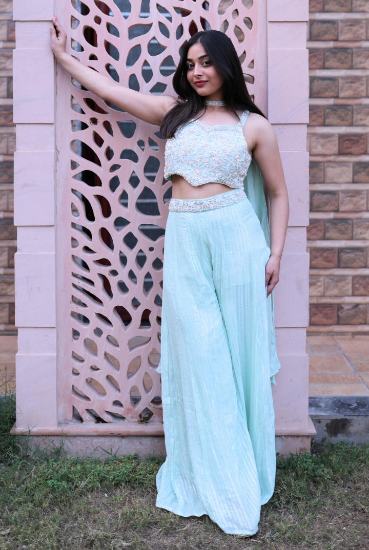 Icy Mint Embroidered Crop Top with Plazo