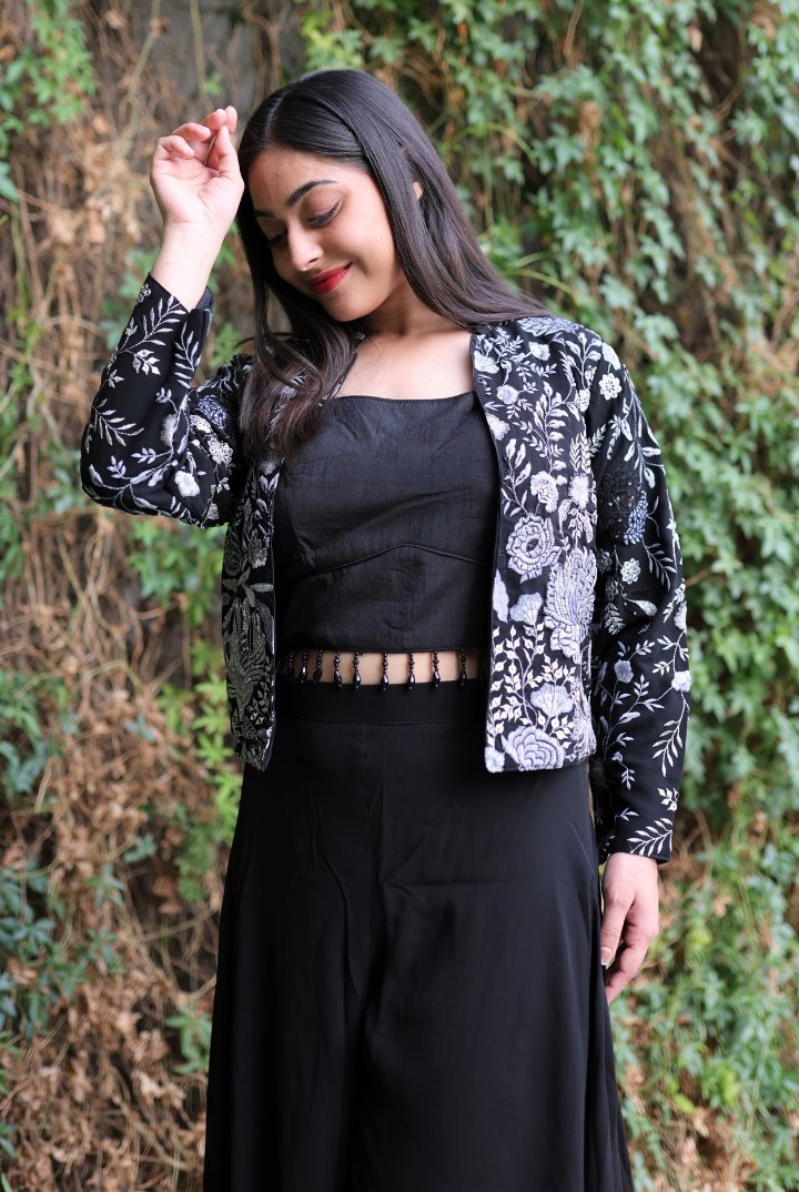 Midnight Blossom Embroidered Crop Top with Short Jacket