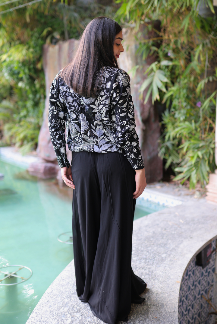 Midnight Blossom Embroidered Crop Top with Short Jacket